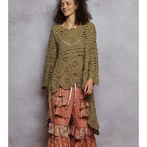 POL Boho Weave Crochet Pullover Sweater Olive NEW